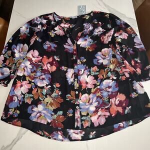 Floral and Ivy Tunic Top 2X Black Floral Button Up 3/4 Sleeves Semi Sheer Boho